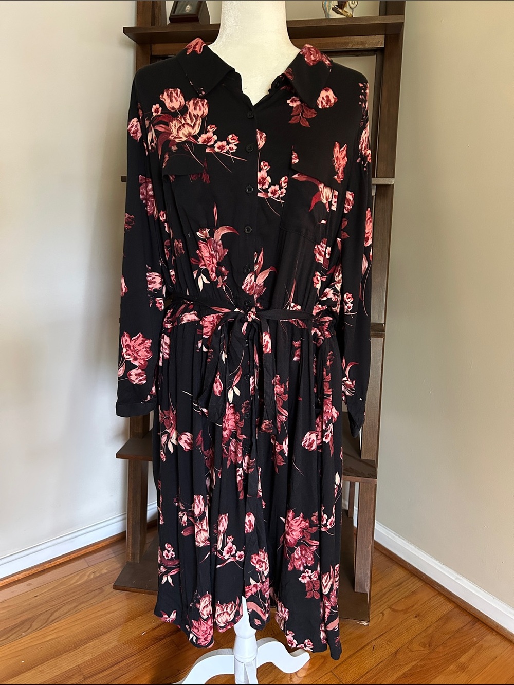 torrid Black Long-Sleeve Floral Shirt Dress with Pink Bloom Print